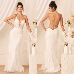 LULU’S Wonderstruck White Glitter Lace-Up Embroidered Lace Maxi Dress